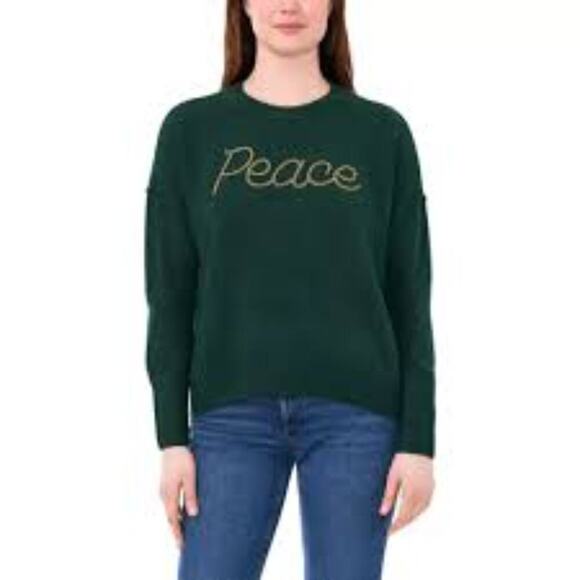 VINCE CAMUTO WOMEN'S HOLIDAY GREEN GOLD PEACE LONG SLEEVE SWEATER SIZE XXL NWT - Picture 1 of 7